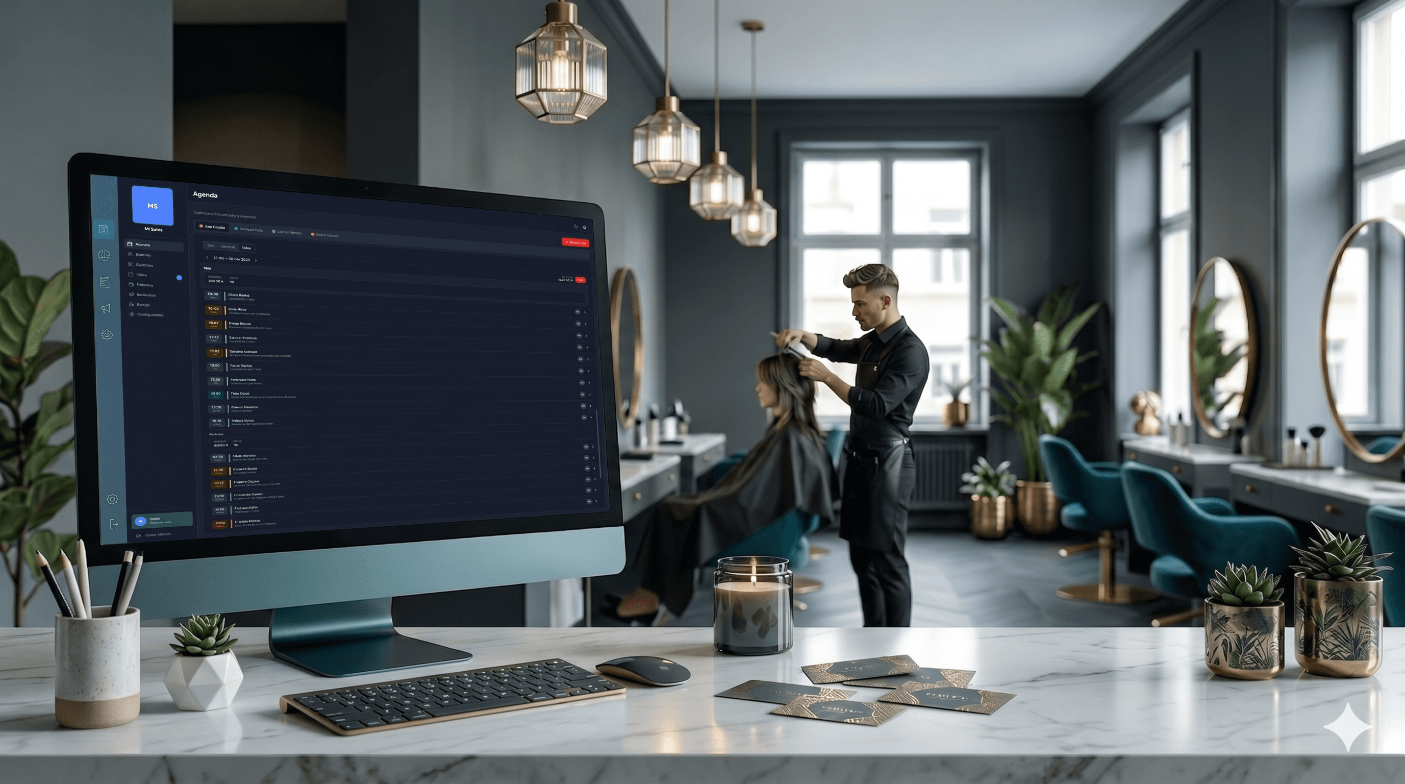 Recepción de salón de belleza con dashboard en pantalla